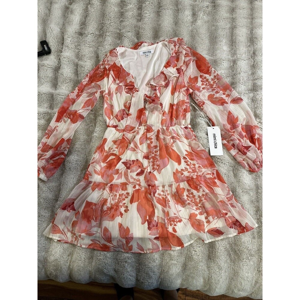 Mimi Chica Floral pink Long Sleeve Ruffle Tie Dress Size Small Chifon Mini - Picture 3 of 14